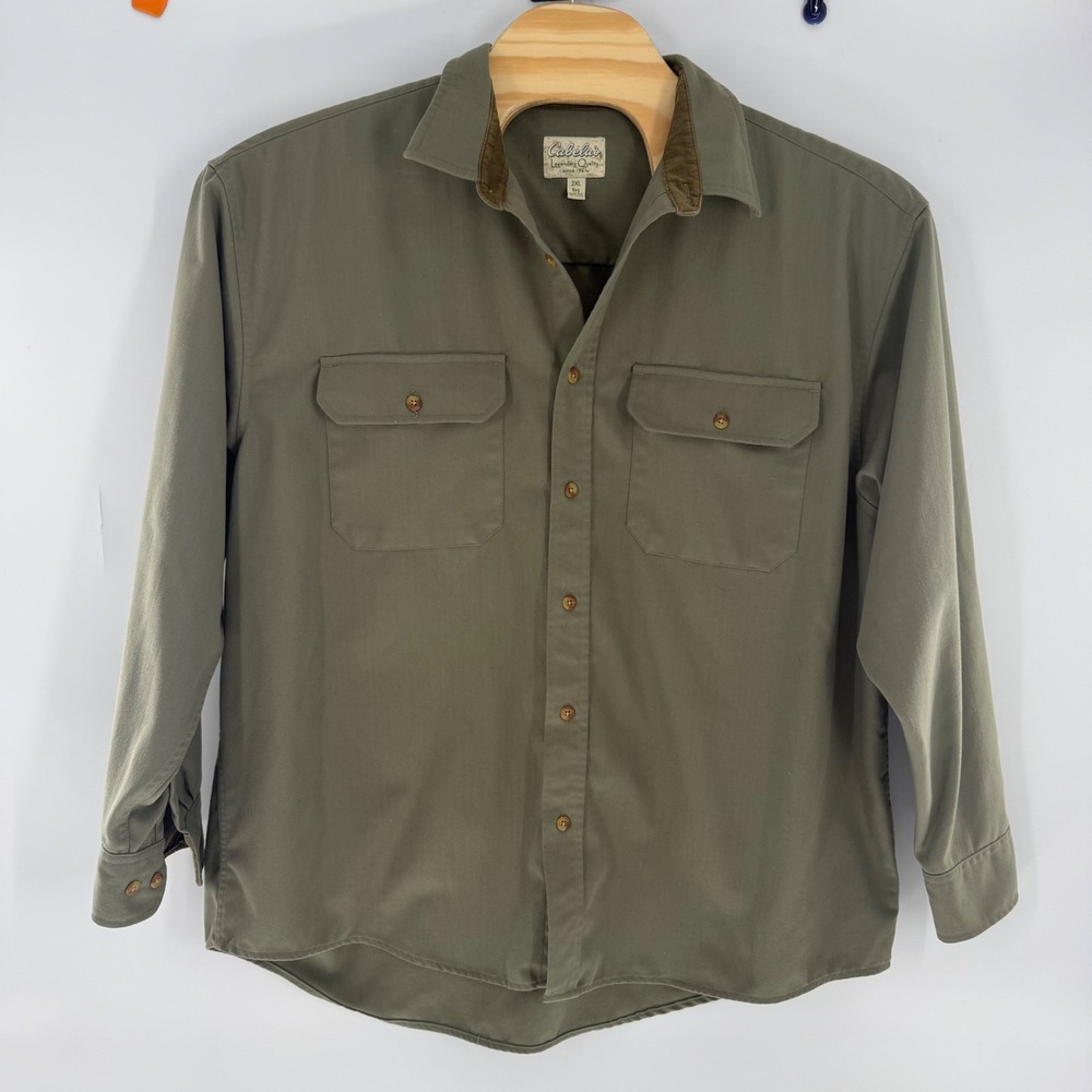 Cabelas Mens 2XL Olive Green Corduroy Trim Microfiber Button Down Shirt 90-4140